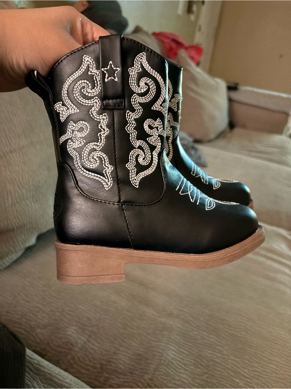 PAWZ Black Kids Cowboy Boots with White Stitching